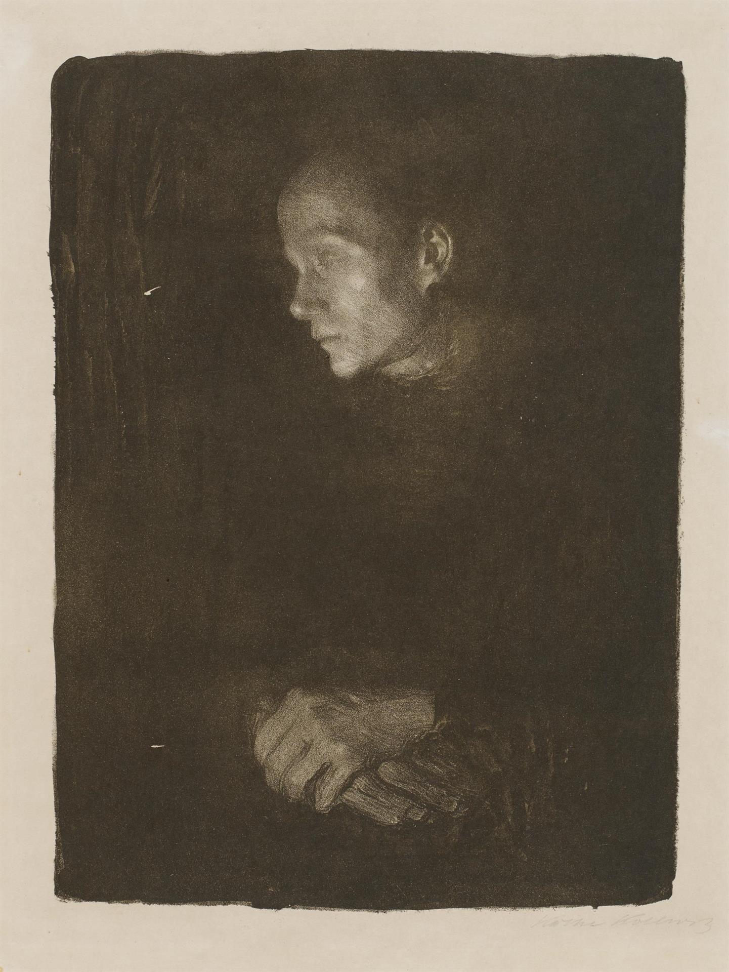 Käthe Kollwitz, Arbeiterfrau im Profil nach links, 1903, Kreide- und Pinsellithographie sowie Schabeisen in Braun auf grauem Japan, Kn 74 II a