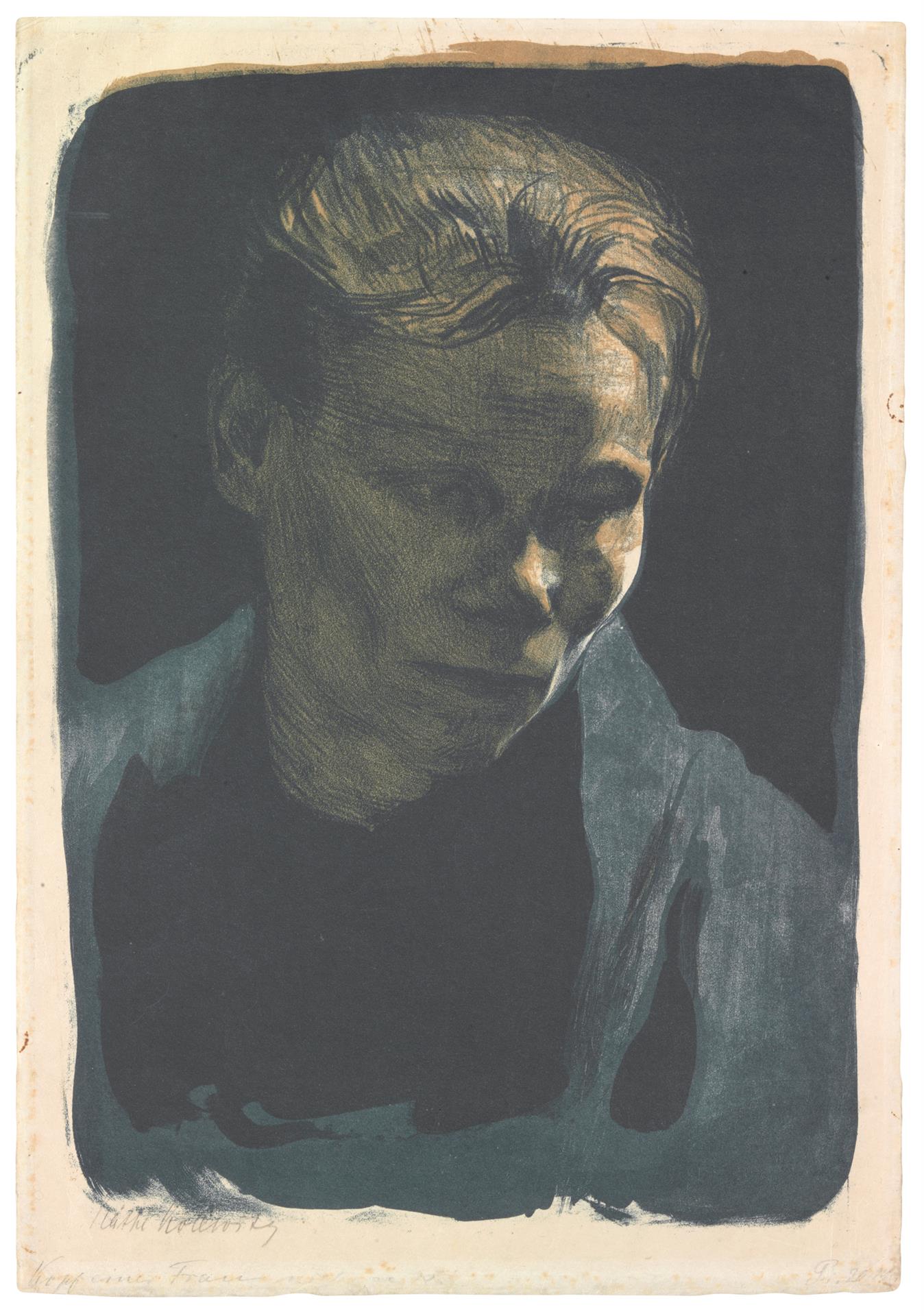 Käthe Kollwitz, Buste d’une ouvrière au châle bleu, 1903, lithographie au crayon et au pinceau en deux couleurs avec grattoir sur encrage bleu, Kn 75 A I 1, Collection Kollwitz de Cologne © Käthe Kollwitz Museum Köln