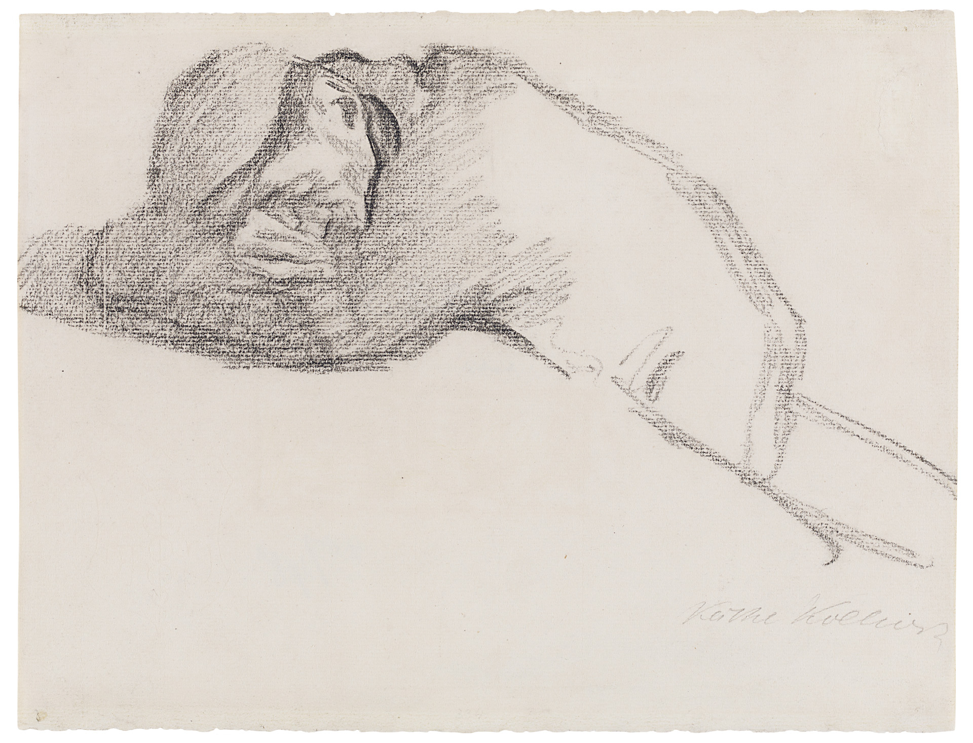 Käthe Kollwitz, Schlafender Mann am Tisch, 1904, Sschwarze Kreide auf weißem Ingres, NT 278a