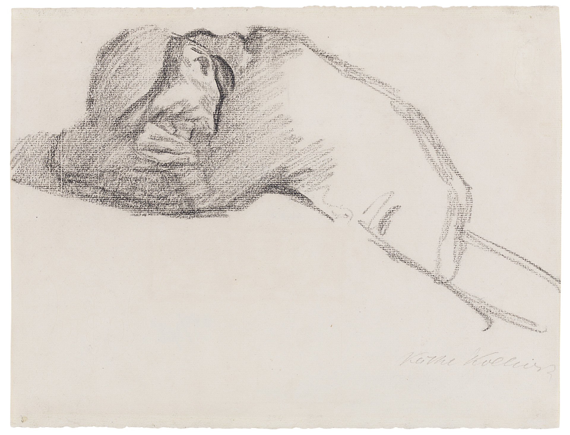 Käthe Kollwitz, Homme endormi à une table, 1904, pierre noire sur Ingres blanc, NT 278a, Collection Kollwitz de Cologne © Käthe Kollwitz Museum Köln