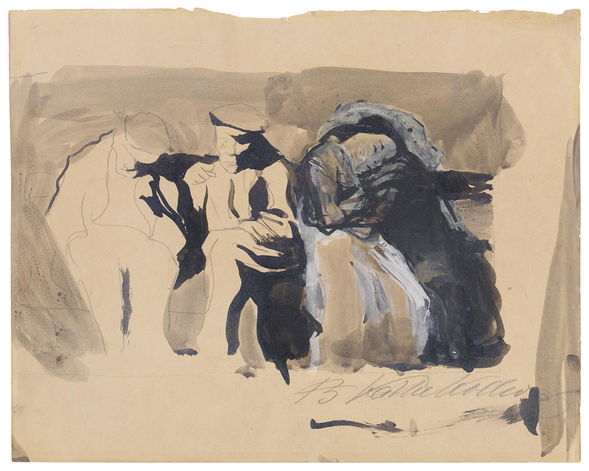 Käthe Kollwitz, Deux hommes et un couple d’amoureux sur un banc, 1904, graphite et encre noire, rehauts de blanc sur papier crème, NT (287a), Collection Kollwitz de Cologne © Käthe Kollwitz Museum Köln