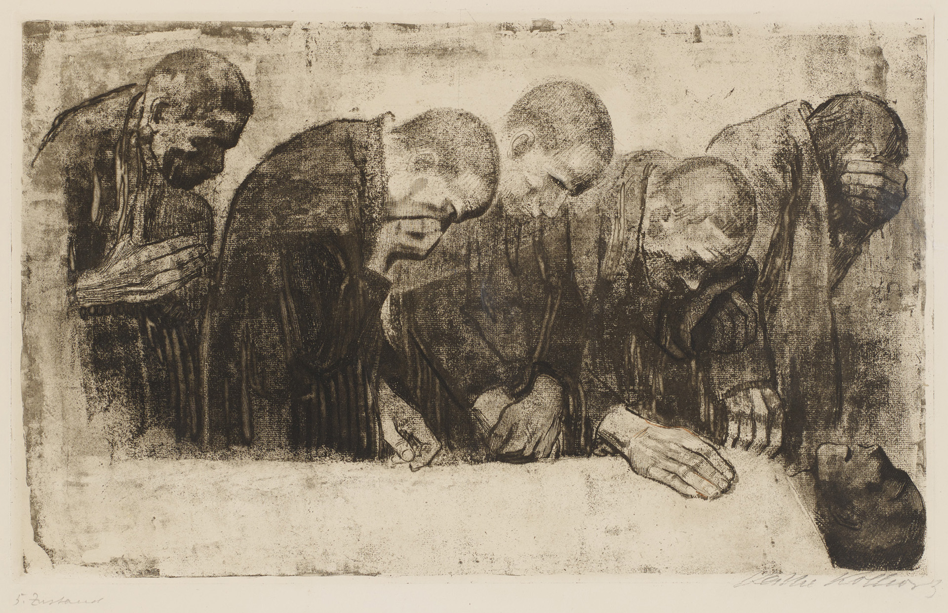 Käthe Kollwitz, En mémoire de Karl Liebknecht, première version abandonnée, 1919, eau-forte, aquatinte, émeri, réserve au sucre et vernis mou avec impression de papier vergé, Kn 145 V, Collection Kollwitz de Cologne © Käthe Kollwitz Museum Köln