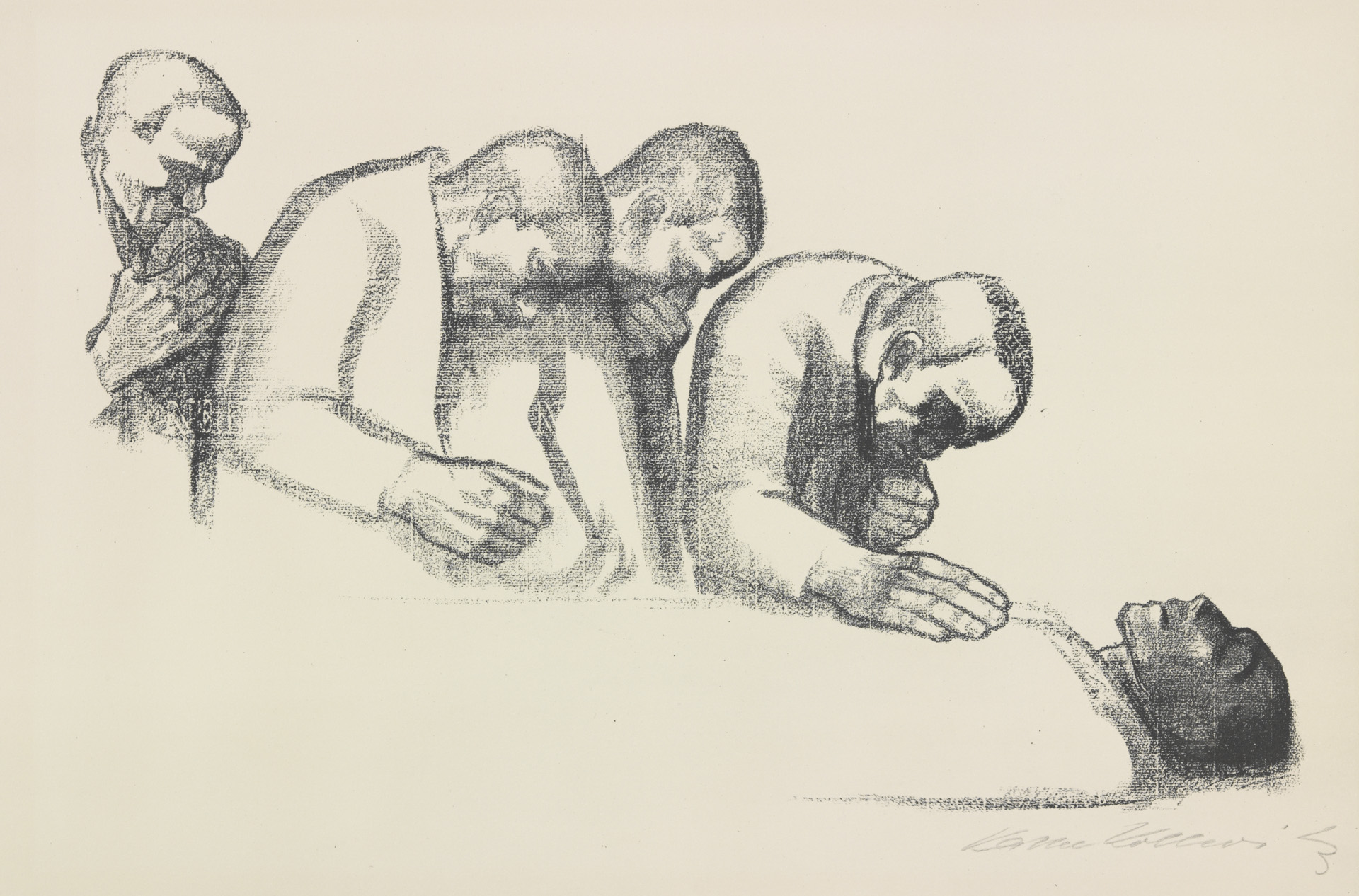 Käthe Kollwitz, Gedenkblatt für Karl Liebknecht, Verworfene zweite Fassung, 1919, Kreidelithographie (Umdruck von der Zeichnung NT 779 auf geripptem Bütten), Kn 146