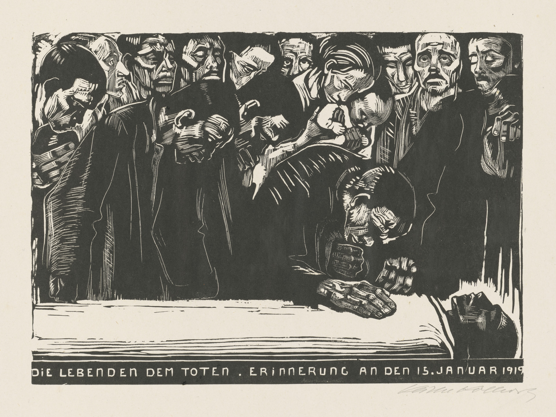 Käthe Kollwitz, Gedenkblatt für Karl Liebknecht, Dritte endgültige Fassung, 1920, Holzschnitt, Kn 159 VI a