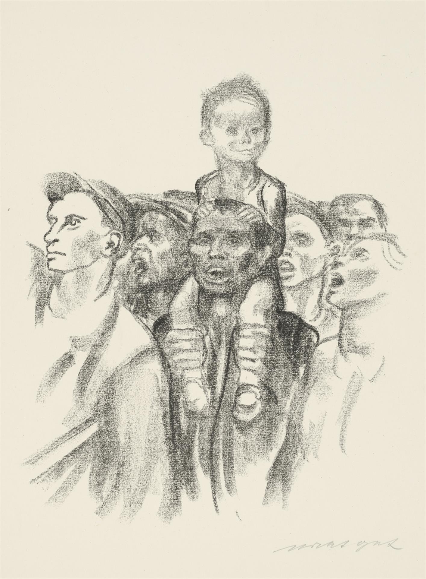 Käthe Kollwitz, Demonstration, Verworfene Fassung, 1931, Kreidelithographie (Umdruck von einer unbekannten Zeichnung auf geripptem Bütten), Kn 151