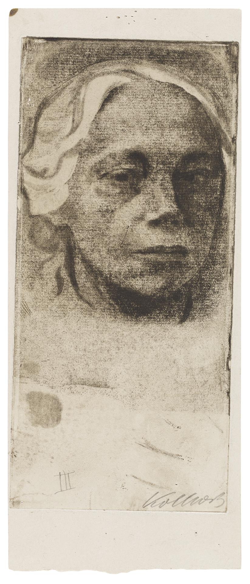 Käthe Kollwitz, Self-portrait, 1912, line etching, drypoint and vernis mou with imprint of ribbed laid paper, Kn 126 III, Cologne Kollwitz Collection © Käthe Kollwitz Museum Köln