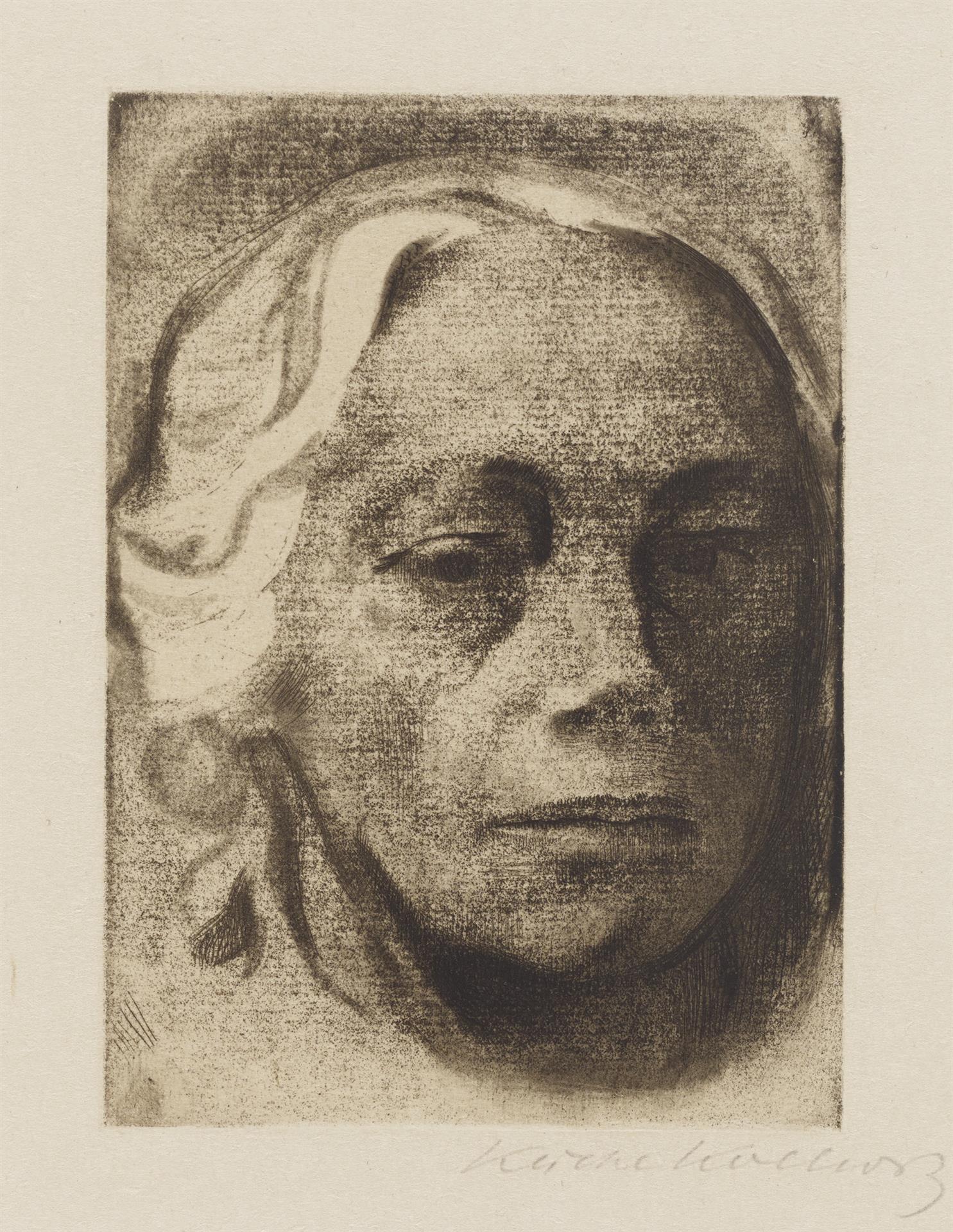 Käthe Kollwitz, Selbstbildnis, 1912, Strichätzung, Kaltnadel sowie Vernis mou mit Durchdruck von geripptem Bütten, Kn 126 VII a