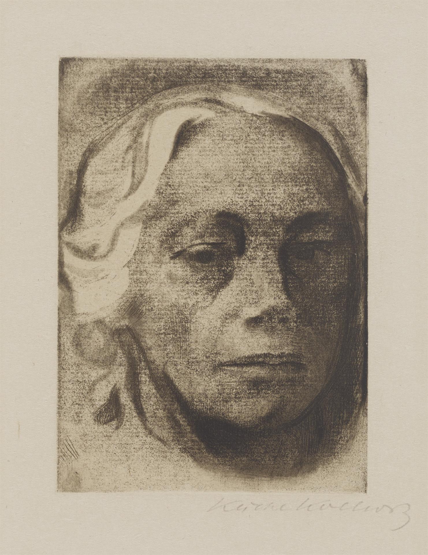 Käthe Kollwitz, Selbstbildnis, 1912, Strichätzung, Kaltnadel sowie Vernis mou mit Durchdruck von geripptem Bütten, Kn 126 VII a