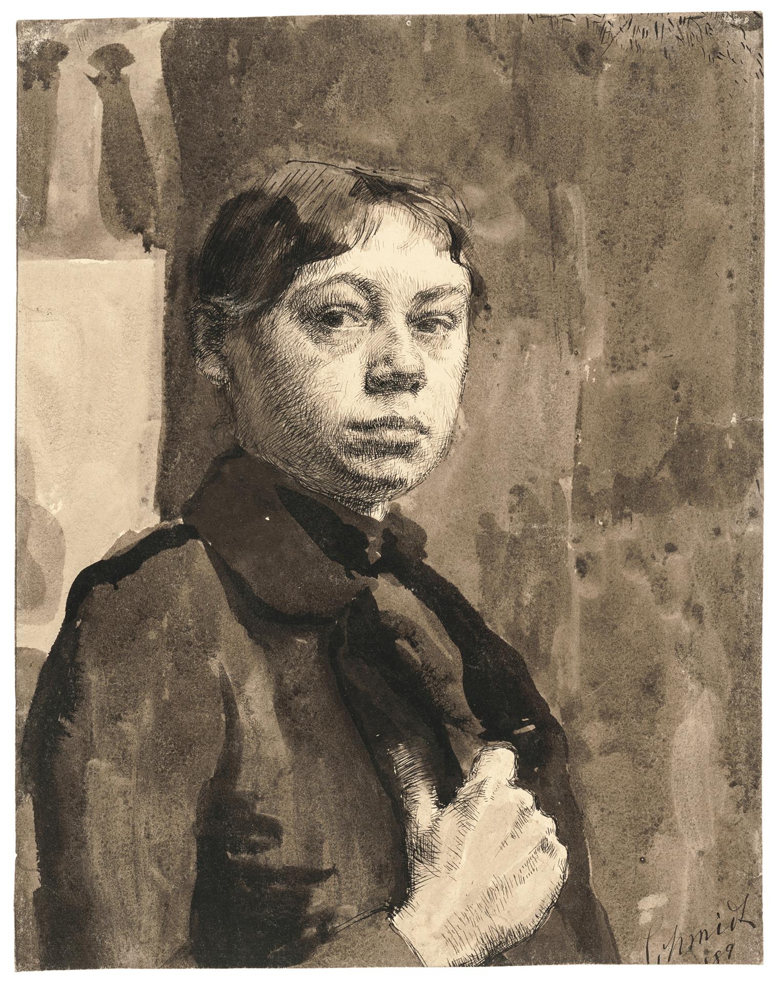 Käthe Kollwitz, Autoportrait, 1889, plume et encre noire, lavis brun ( sépia) sur carton à dessin, NT 12, Collection Kollwitz de Cologne © Käthe Kollwitz Museum Köln 