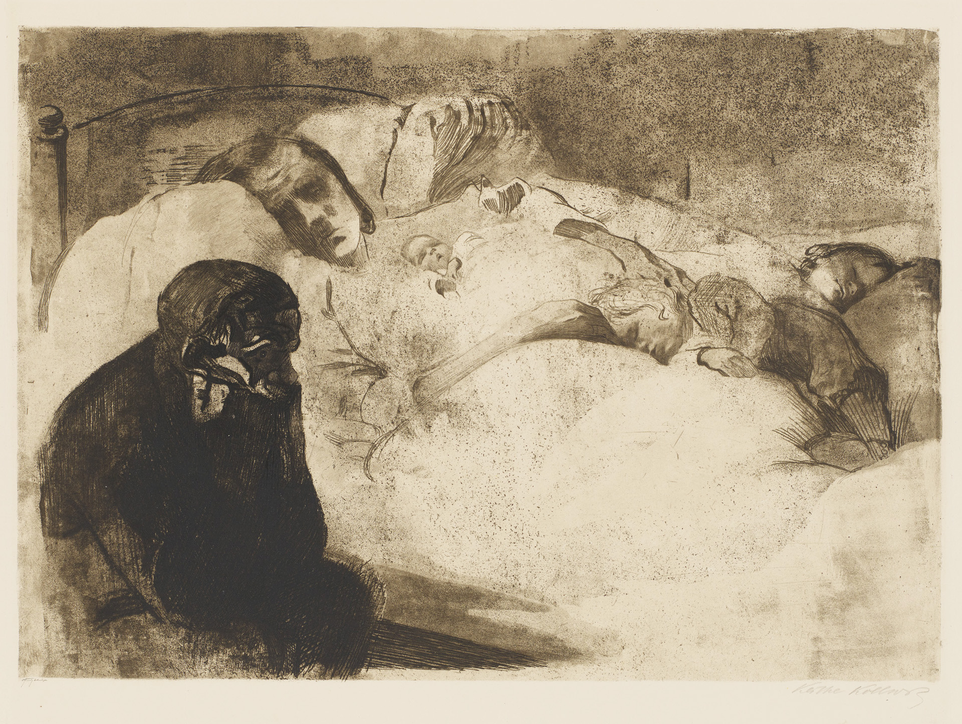 Käthe Kollwitz, Arbeitslosigkeit, 1909, Strichätzung, Kaltnadel, Aquatinta, Schmirgel und Vernis mou mit Durchdruck von Zieglerschem Umdruckpapier, Kn 104 VI d