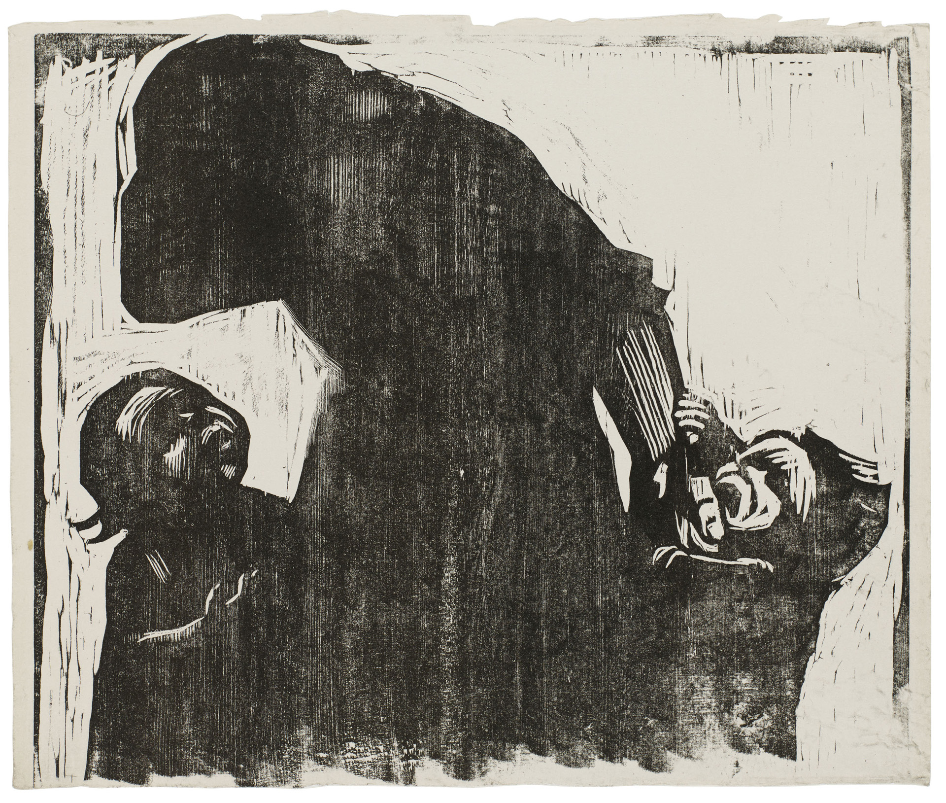 Käthe Kollwitz, Brot!, Verworfene Fassung der Lithographie „Brot!“, 1924, Holzschnitt, Kn 207 I