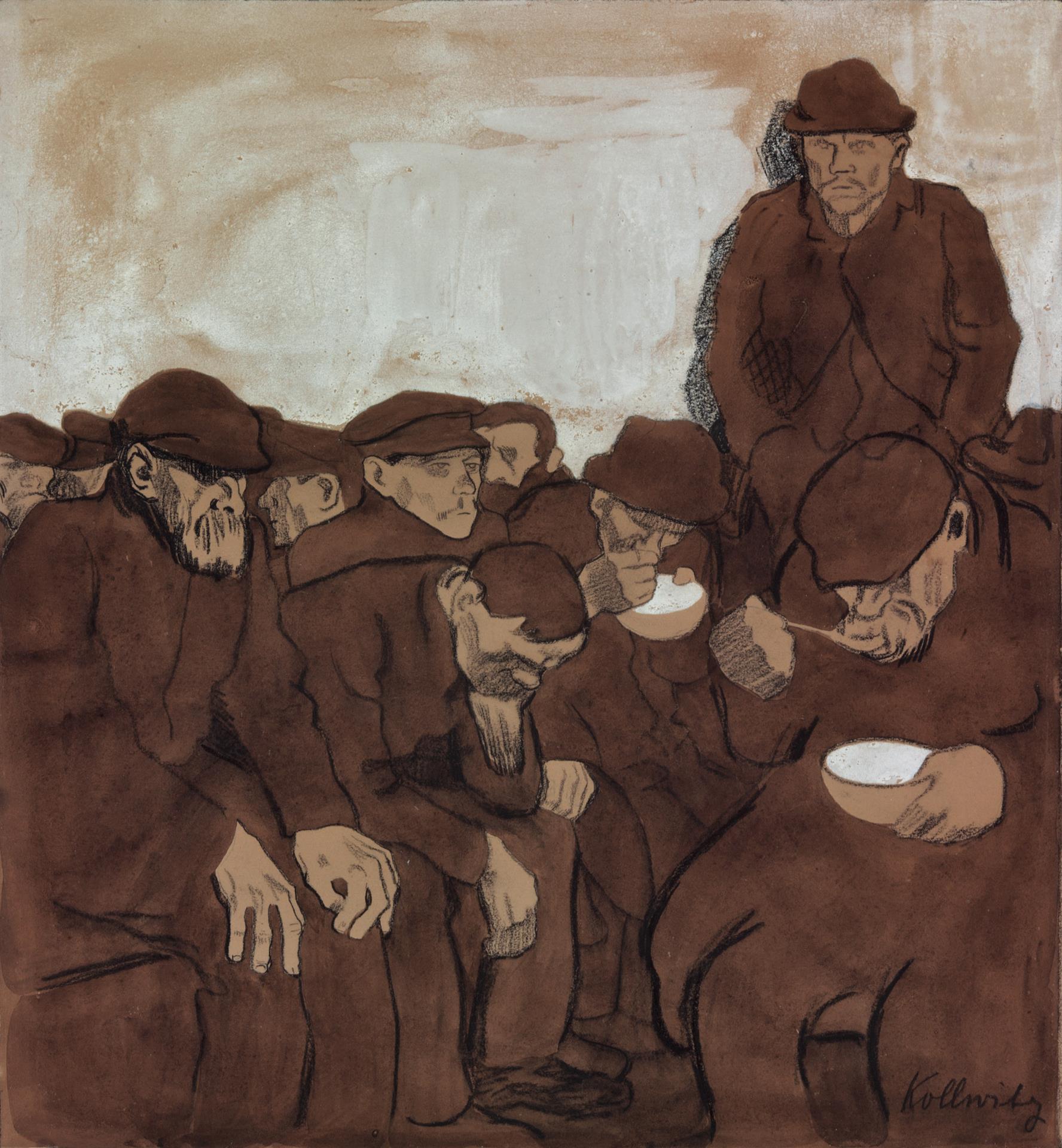 Käthe Kollwitz, Wärmehallen,1908/09, Schwarze Kreide, Feder und Pinsel in Tusche und Sepia auf olivgrünem Papier, der Hintergrund weiß gehöht, NT (469a)