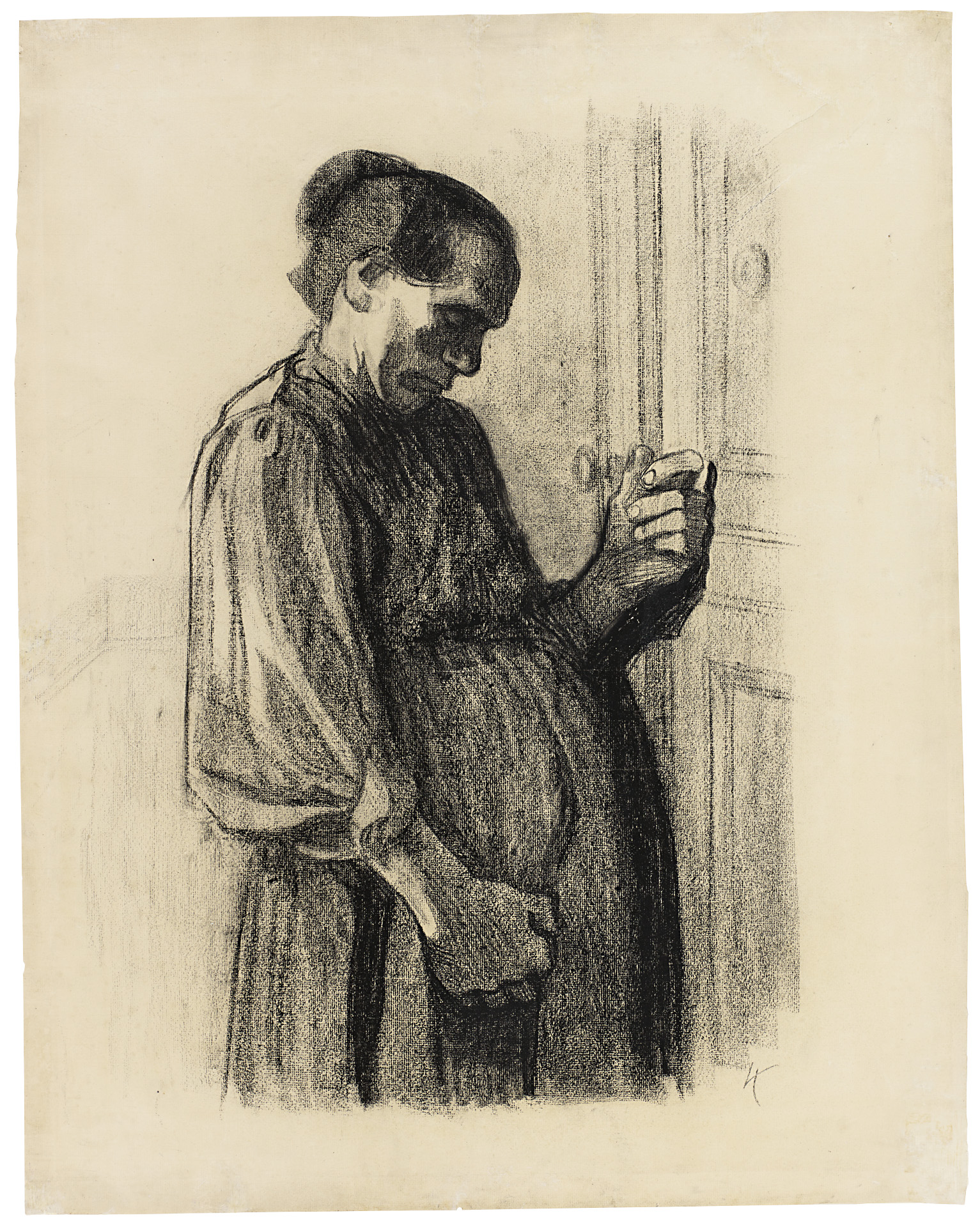 Käthe Kollwitz, Beim Arzt, Blatt 3 der Folge »Bilder vom Elend«, 1908/09, schwarze Kreide auf Ingres-Bütten, NT 475