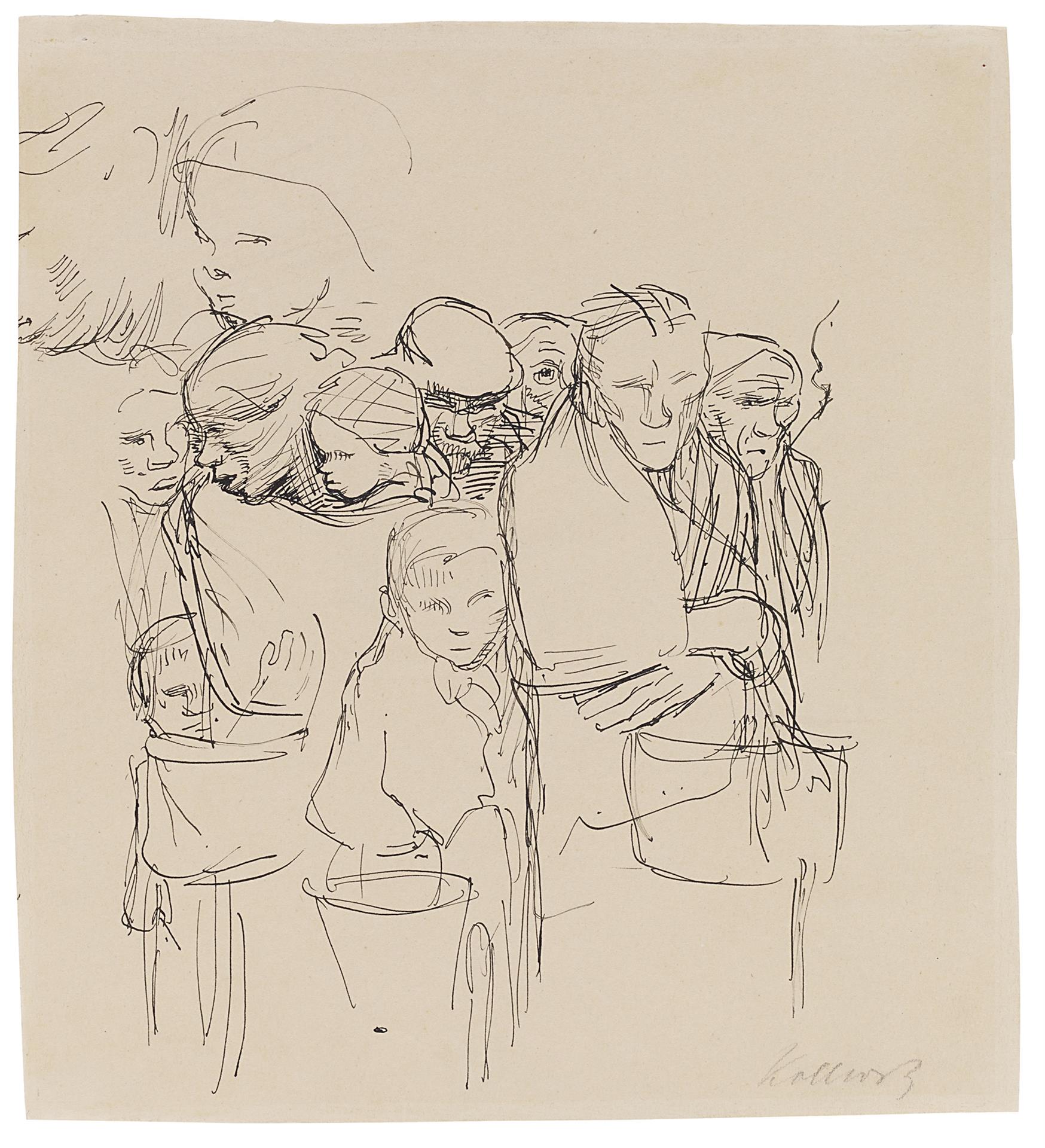  Käthe Kollwitz, Femmes et enfants attendant à la soupe populaire, 1918-1919, plume et encre noire sur vélin fort, NT (794a), Collection Kollwitz de Cologne © Käthe Kollwitz Museum Köln