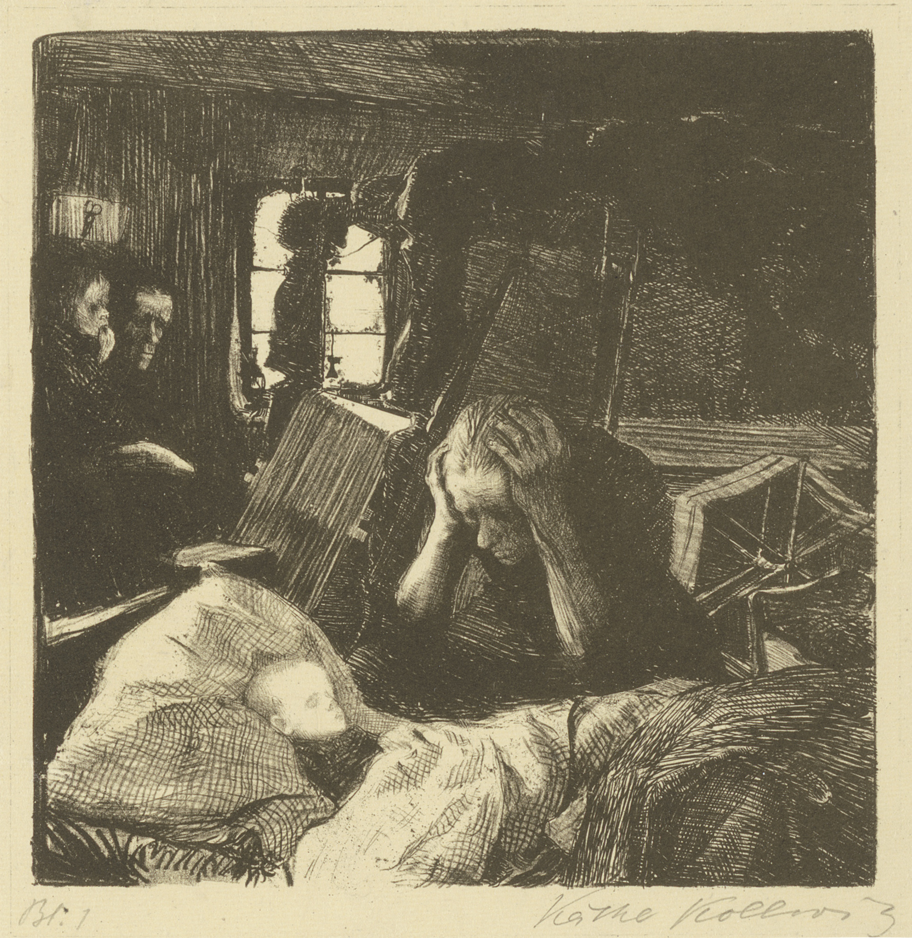 Käthe Kollwitz, Need, sheet 1 of the cycle »A Weavers’ Revolt«, 1893-1897, chalk and pen lithograph, scraper and scraping needle, Kn 33 A III a, Cologne Kollwitz Collection © Käthe Kollwitz Museum Köln