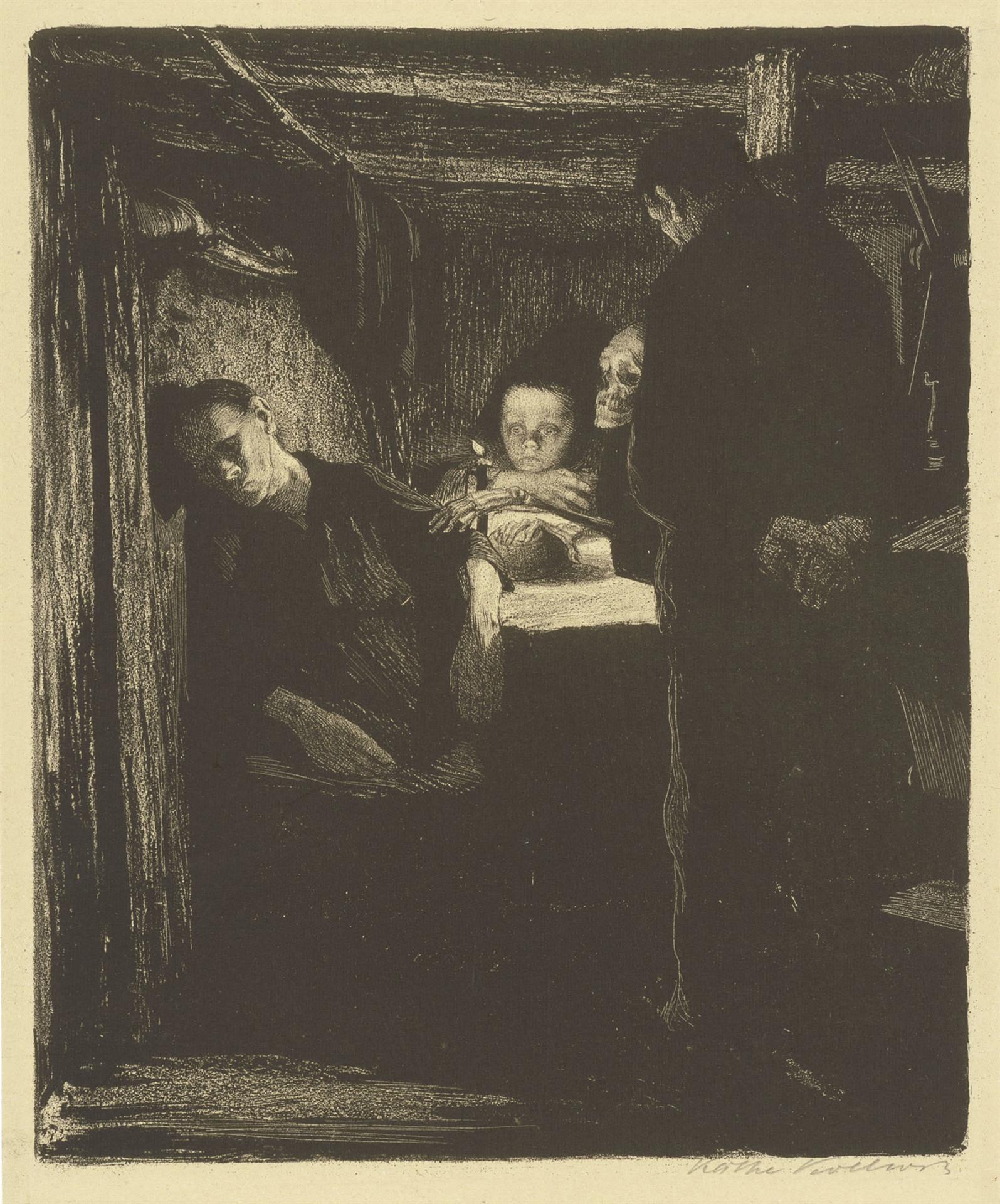 Käthe Kollwitz, Tod, Bl. 2 aus dem Zyklus »Ein Weberaufstand«, 1893-97, Kreide-, Feder- und Pinsellithographie, Schabeisen und Schabnadel, Kn 34 A b