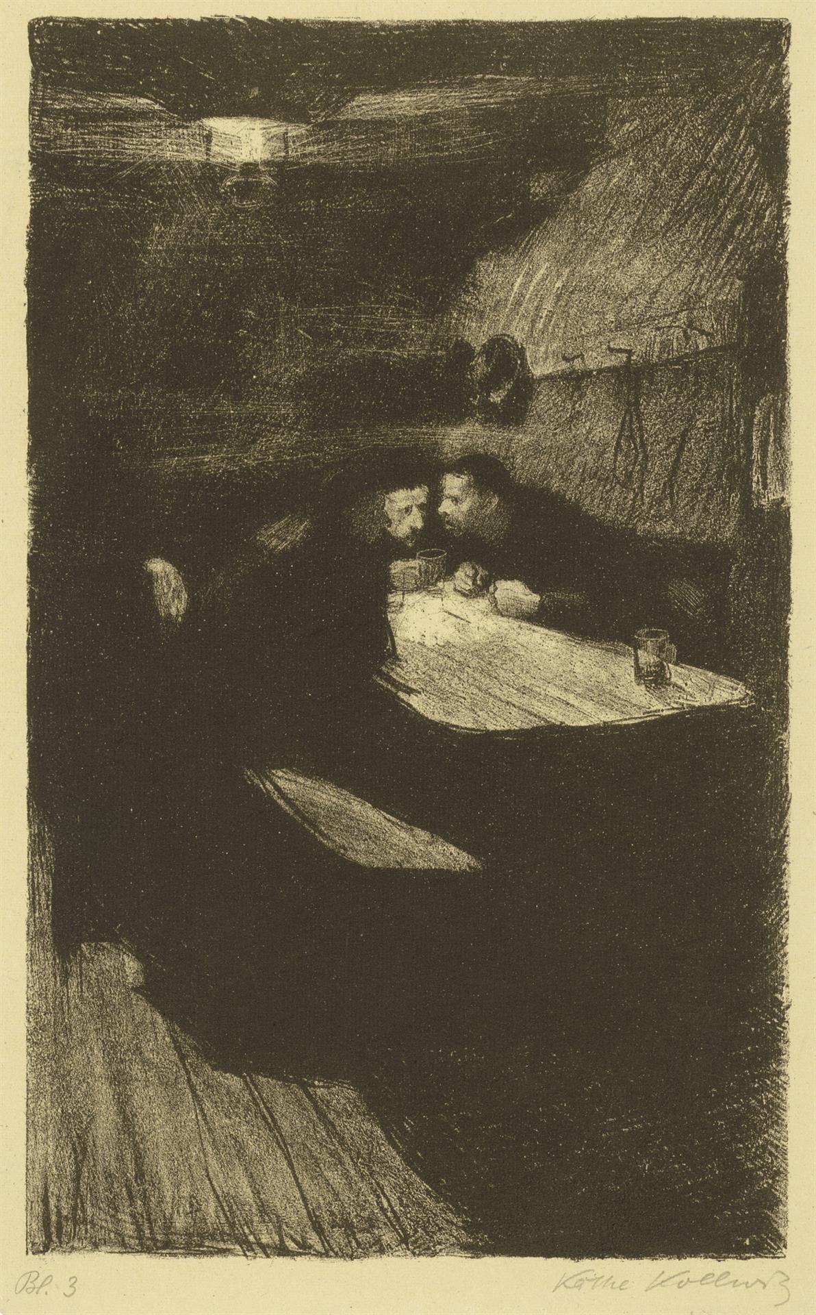 Käthe Kollwitz, Beratung, Blatt 3 aus dem Zyklus „Ein Weberaufstand”, 1893-97, Kreidelithographie, Schabeisen und Schabnadel, Kn 35 A II a