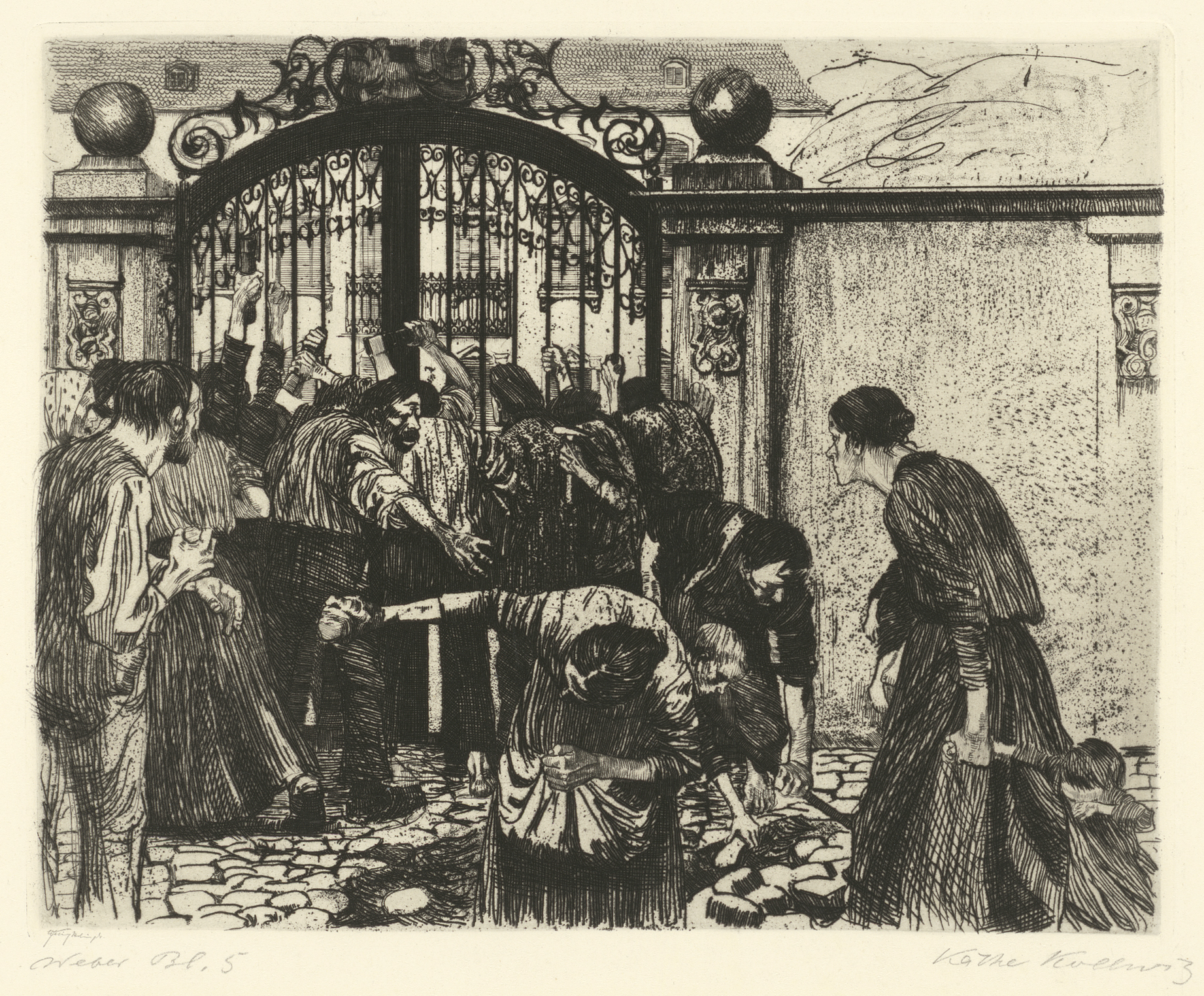 Käthe Kollwitz, Sturm, Blatt 5 aus dem Zyklus „Ein Weberaufstand”, 1893-97, Strichätzung und Schmirgel, Kn 37 II a