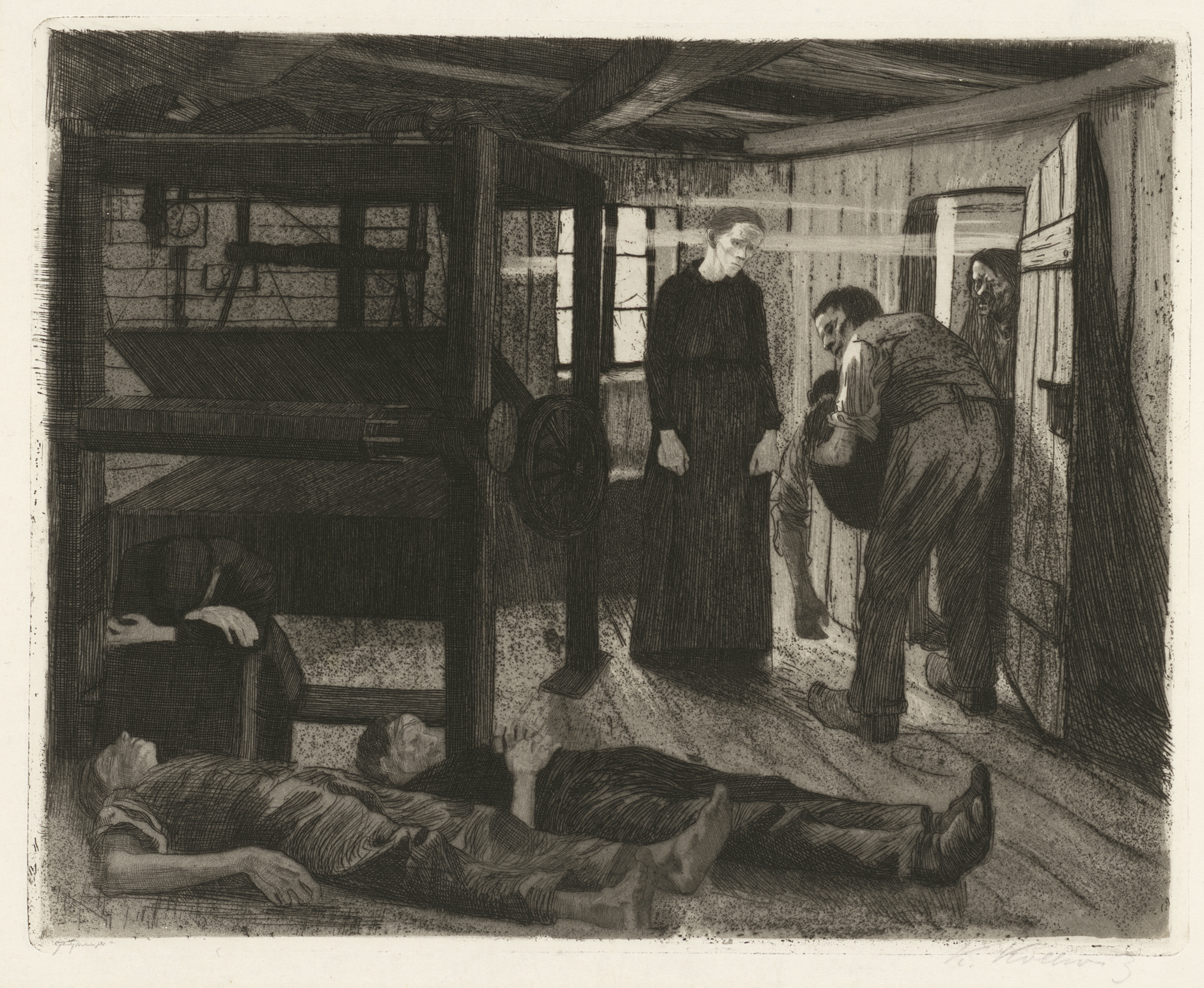 Käthe Kollwitz, Ende, Blatt 6 aus dem Zyklus „Ein Weberaufstand”, 1893-97, Strichätzung, Aquatinta, Schmirgel und Polierstahl, Kn 38 II a