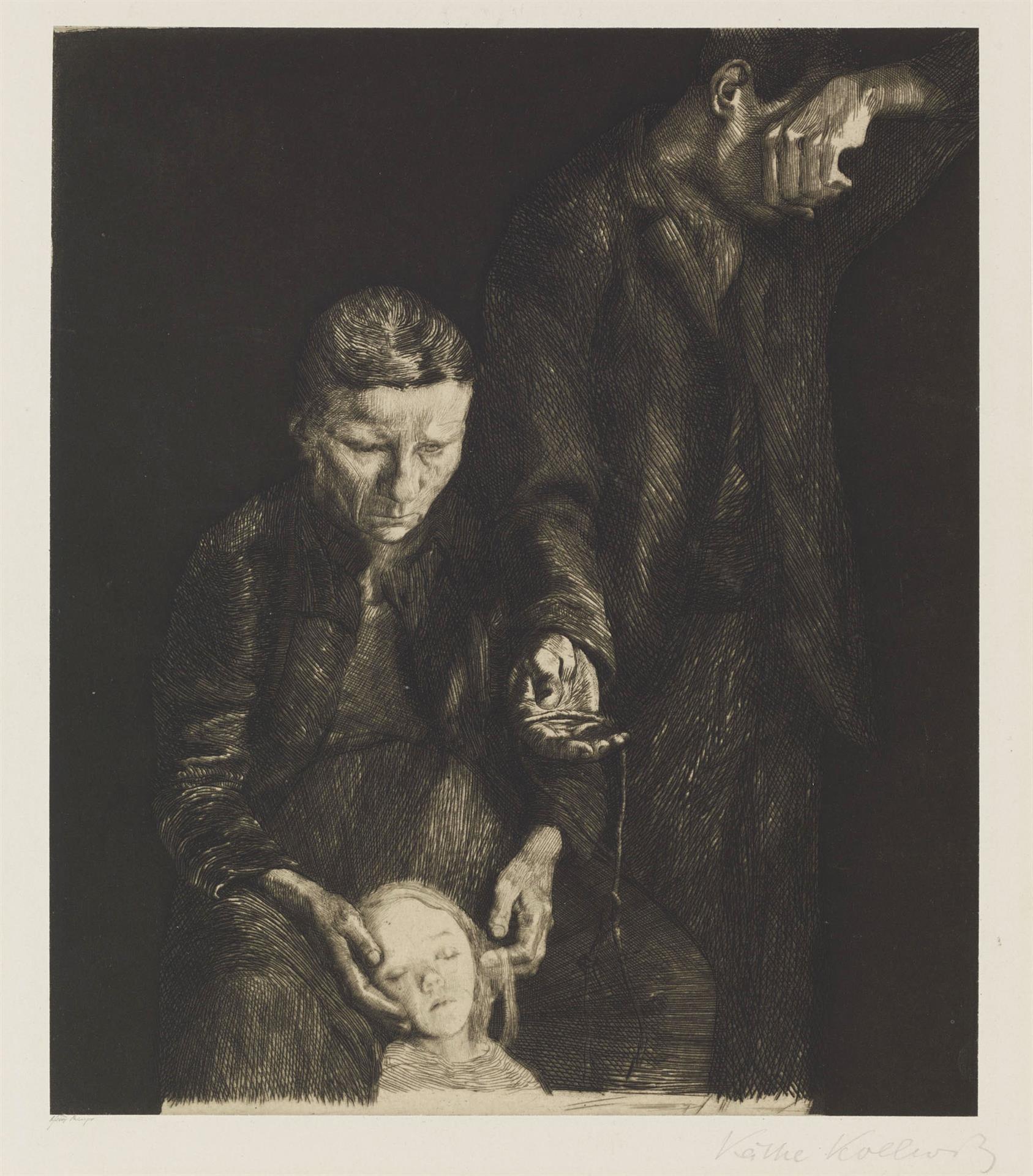 Käthe Kollwitz, The Downtrodden – Poor Family, left scene of the composition originally in three sections, 1901, line etching, drypoint, aquatint and burnisher, Kn 49bis II A b Cologne Kollwitz Collection © Käthe Kollwitz Museum Köln