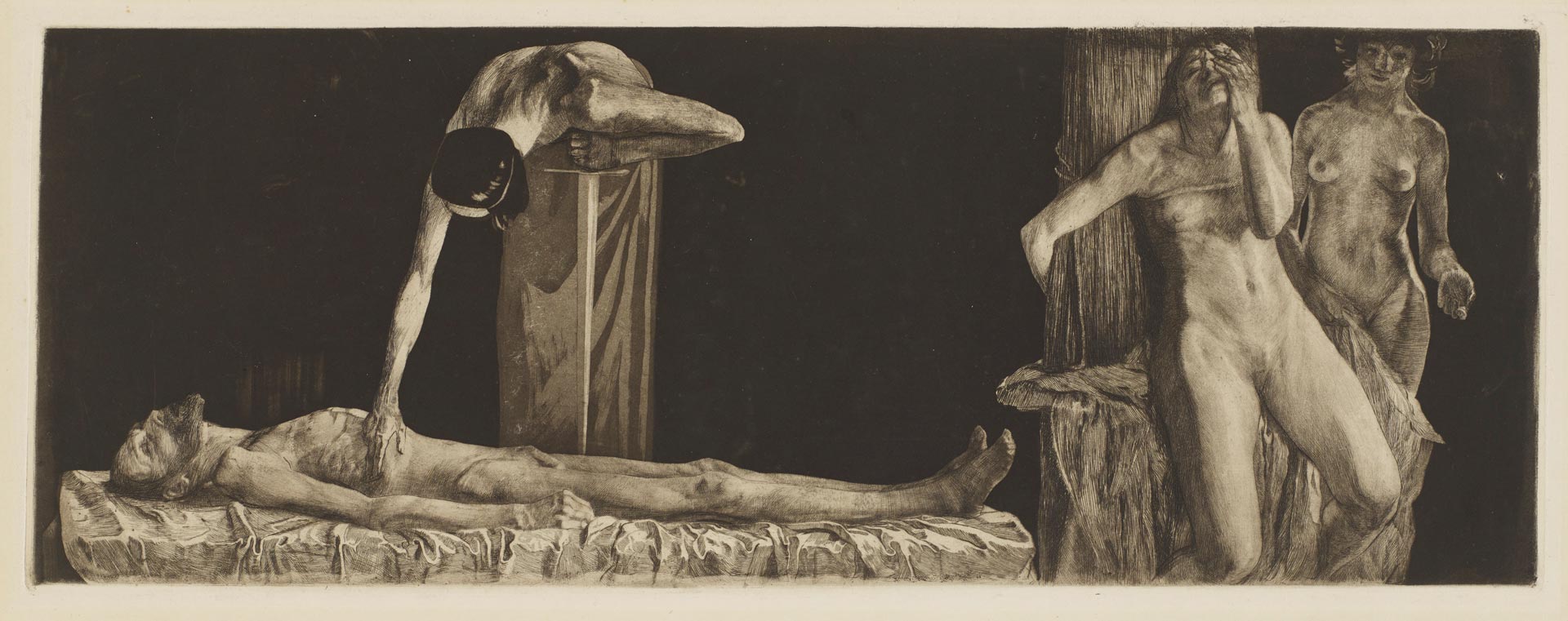 Käthe Kollwitz, The Downtrodden – Corpse and Nude Woman at a Post, Middle and right scenes of the composition originally in three sections, 1901, line etching, drypoint, aquatint and burnisher, Kn 49ter a Cologne Kollwitz Collection © Käthe Kollwitz Museum Köln