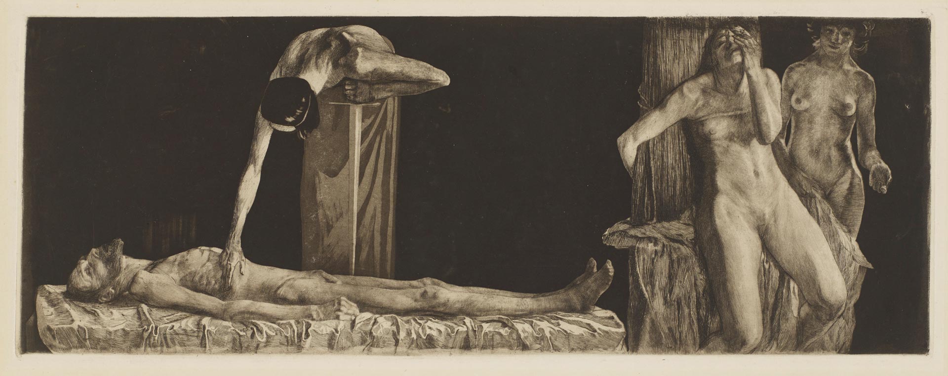 Käthe Kollwitz, Écrasés – cadavre et femme nue au poteau, scène centrale et droite de la composition originale en trois parties, 1901, eau-forte, pointe sèche, aquatinte et brunissoir, Kn 49ter a, Collection Kollwitz de Cologne © Käthe Kollwitz Museum Köln