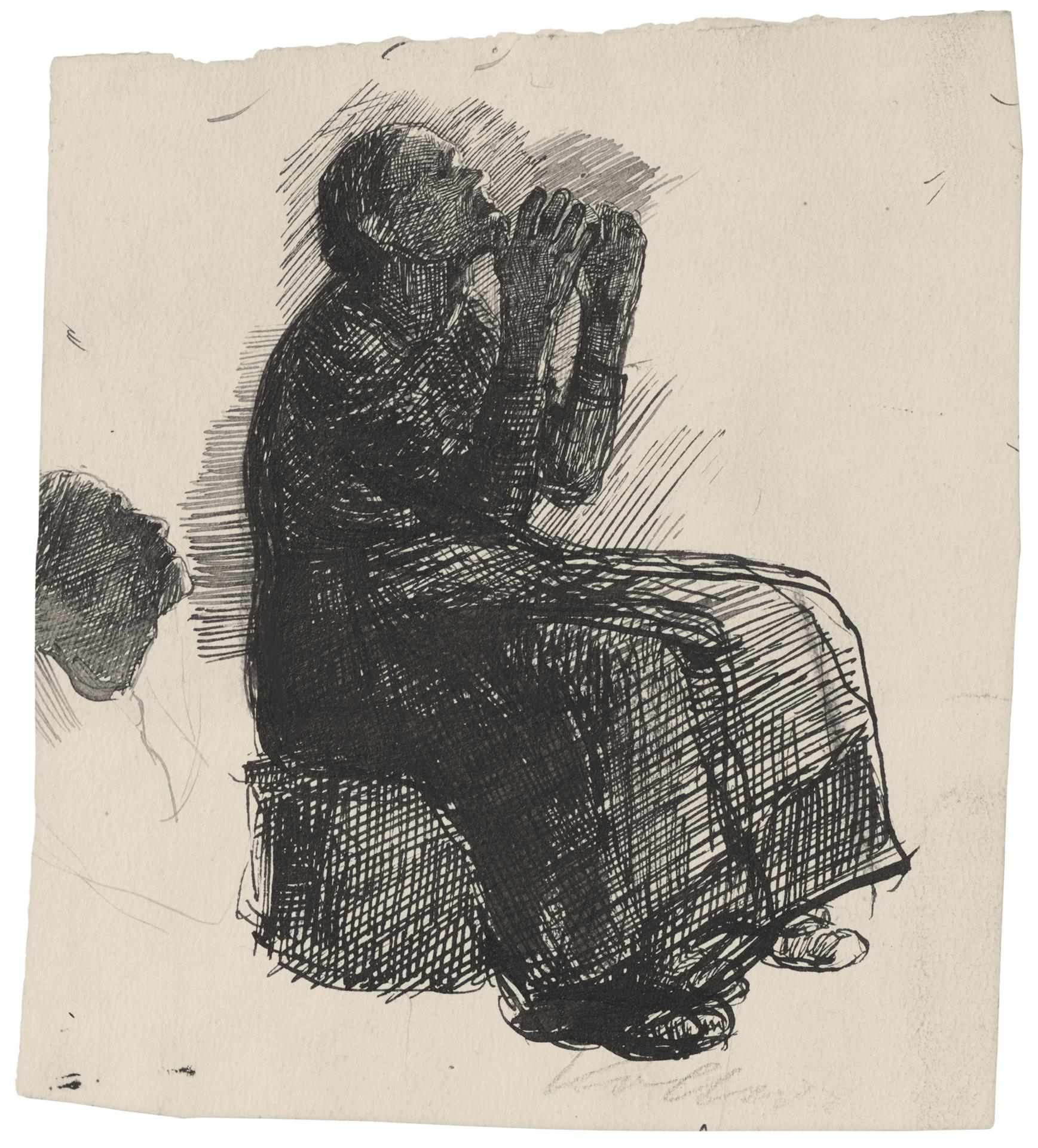Käthe Kollwitz, Sitzende Frau mit klagend erhobenen Armen, Detailstudie zur ersten Fassung der Lithographie »Not«, 1895, Feder und Tusche, NT 116