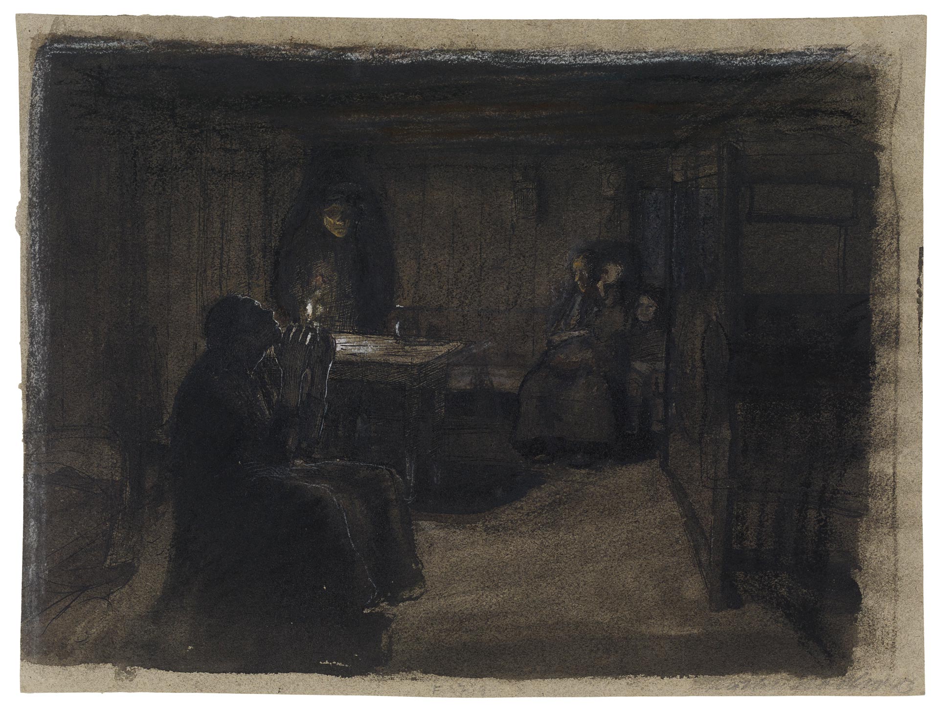 Käthe Kollwitz, Vorstudie zu »Not«, 1893, schwarze Feder, laviert, schwarze und braune Kreide, weiß gehöht, NT (116a)