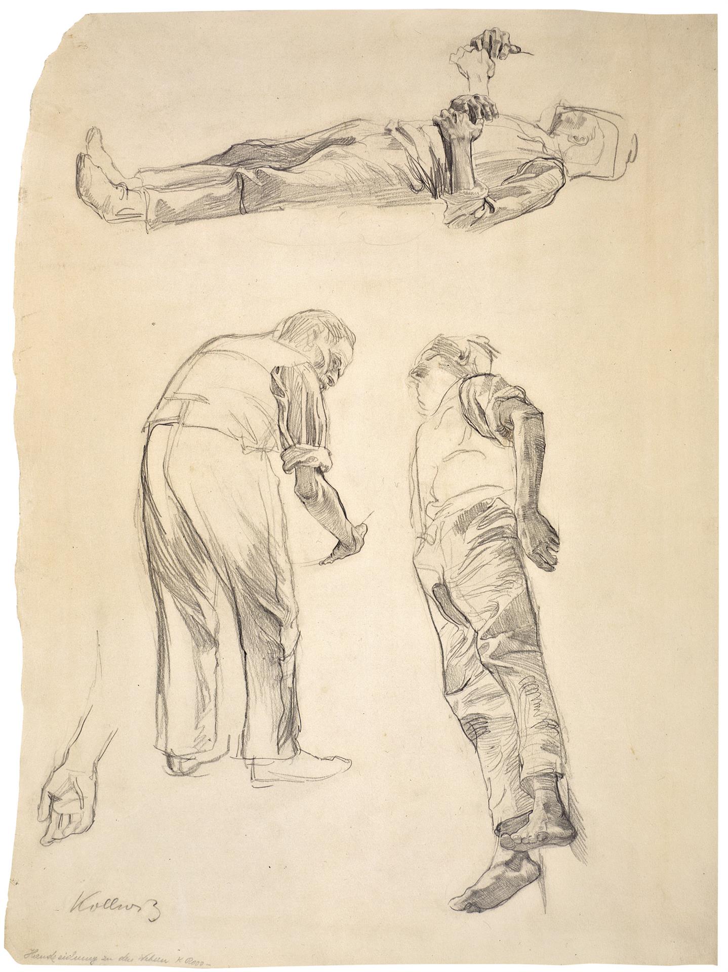 Käthe Kollwitz, study with preparatory drawings for the etching »The End«, 1897, pencil on cardboard, NT 134, Cologne Kollwitz Collection © Käthe Kollwitz Museum Köln