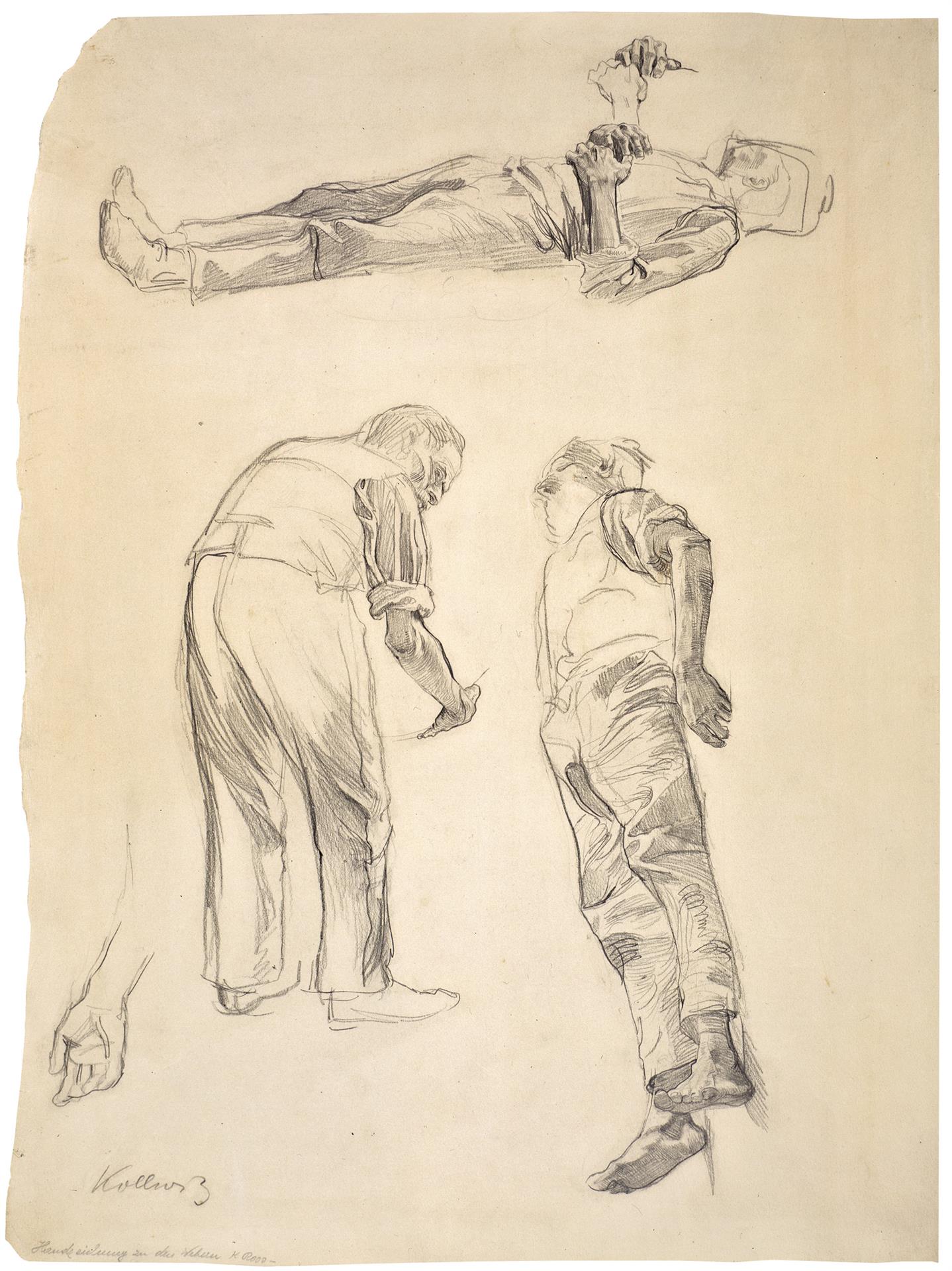 Käthe Kollwitz, Studienblatt mit gegenseitigen Vorstudien zur Radierung »Ende«, 1897, Kohle, NT 134