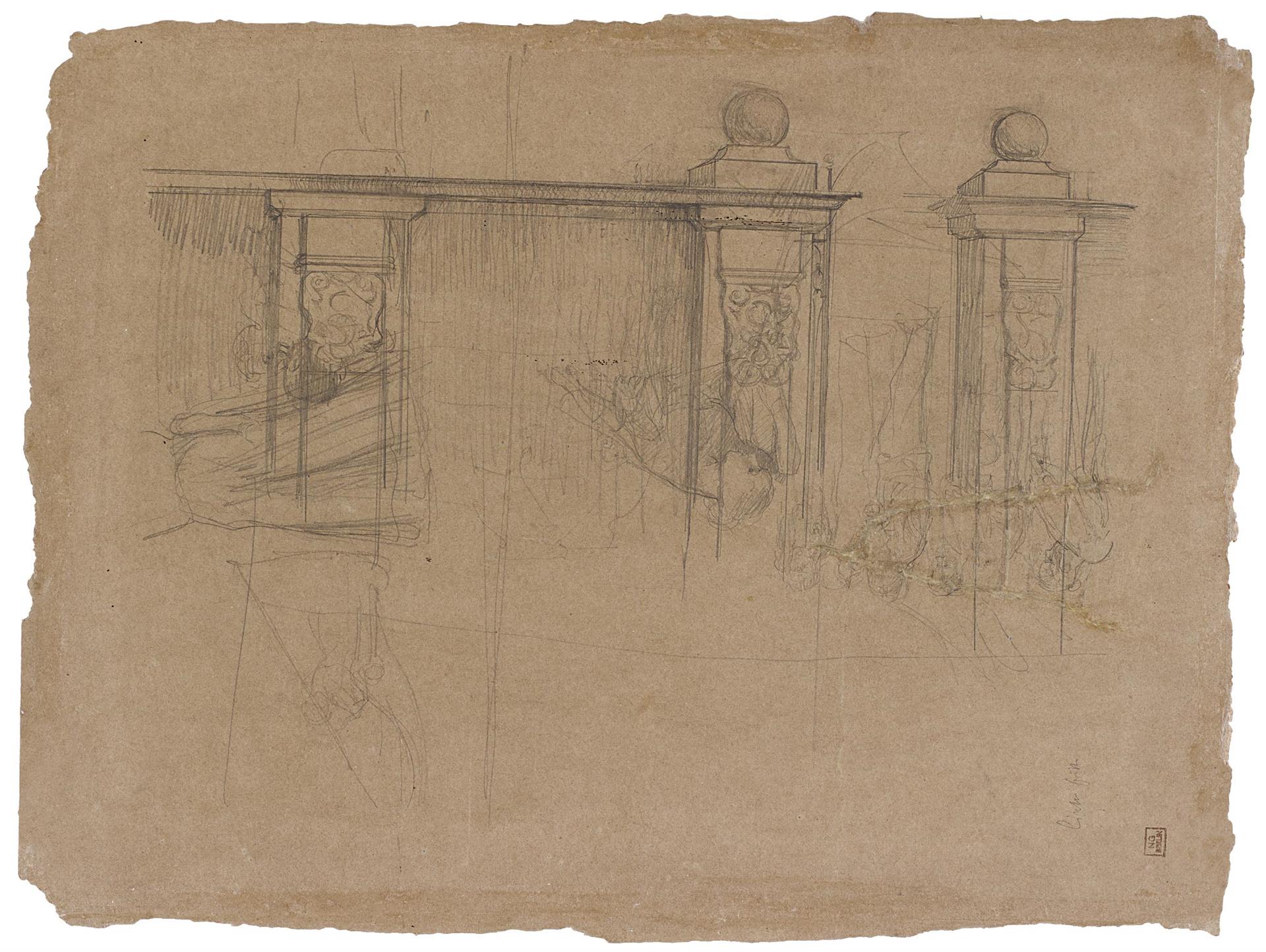 Käthe Kollwitz, Gartenmauer mit Eingangsportal, um 1896, Bleistift und Feder in Schwarz auf braunem Karton, NT 135a