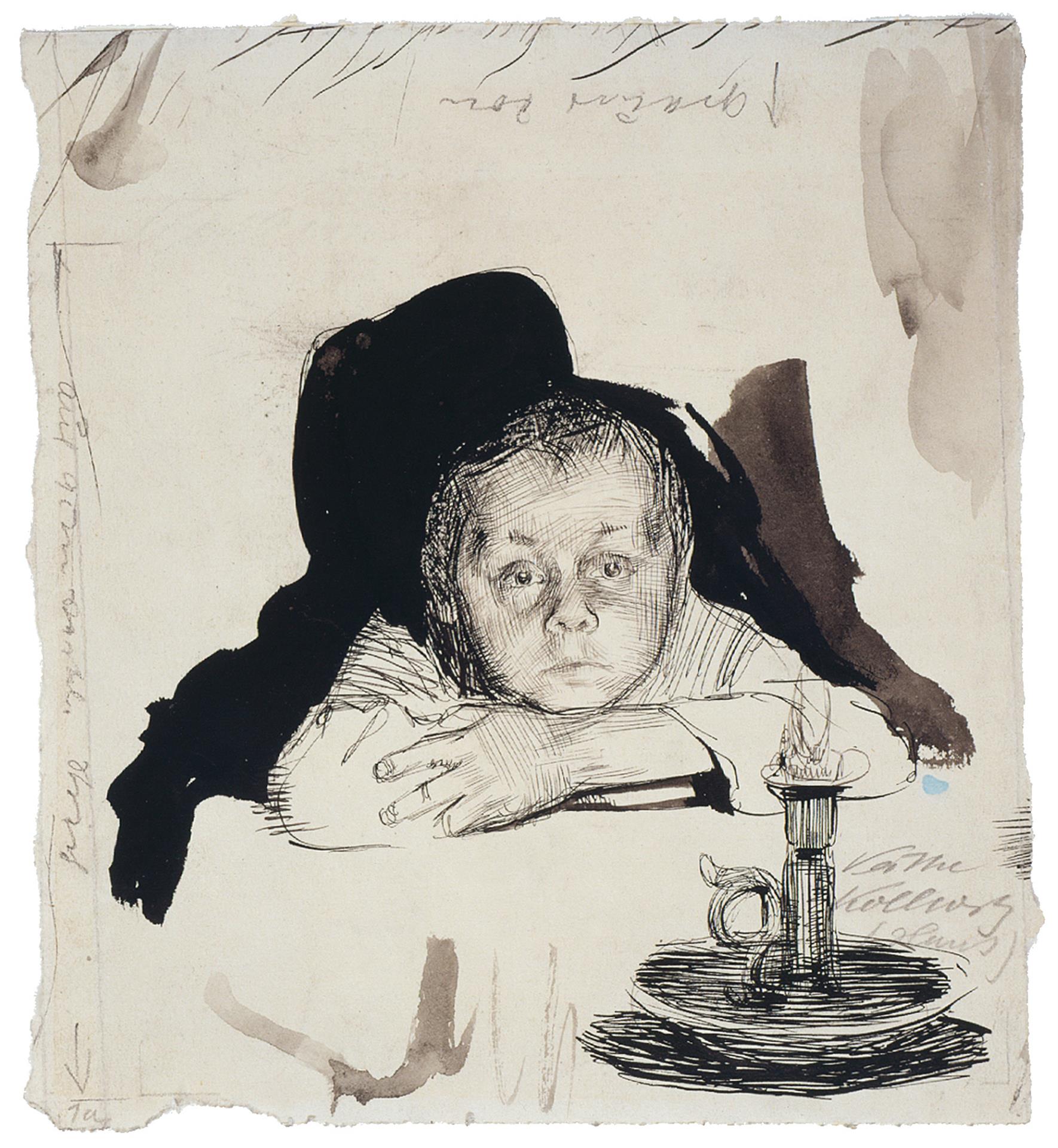 Käthe Kollwitz, Hans Kollwitz with a candle, 1895, pen, brush and black ink on yellowish paper, NT 115, Cologne Kollwitz Collection © Käthe Kollwitz Museum Köln