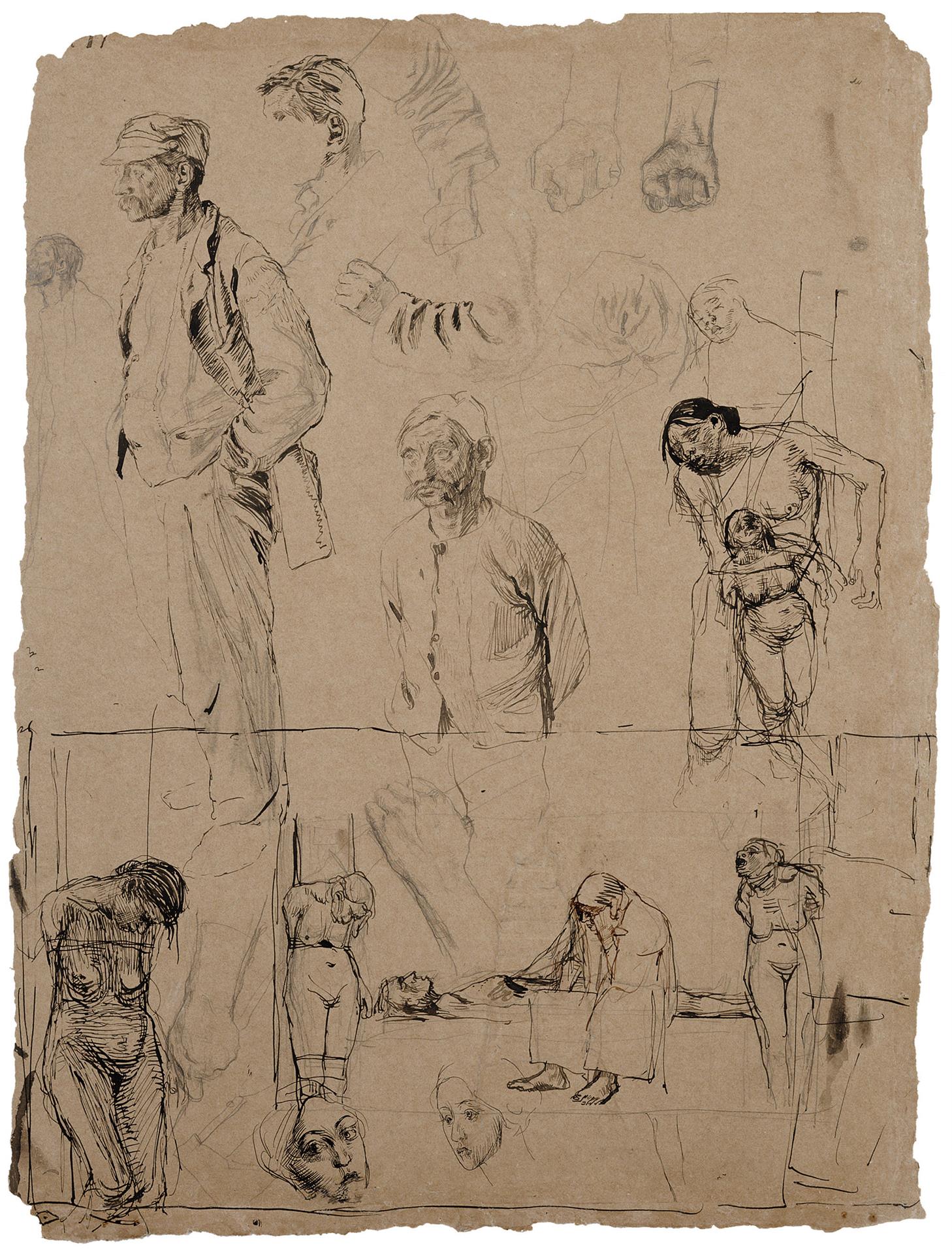 Käthe Kollwitz, Études de têtes, de bras et de mains pour la gravure »Marche des tisserands«, vers 1896, crayon, plume, lavis sur carton brun, NT 123, Collection Kollwitz de Cologne © Käthe Kollwitz Museum Köln