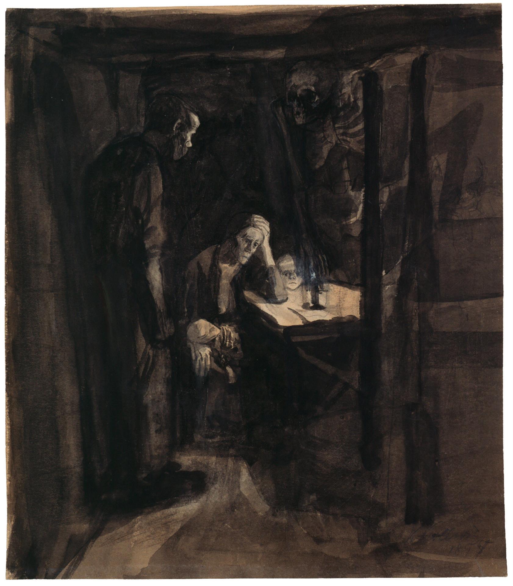 Käthe Kollwitz, Tod, Entwurfsvariante zur Lithographie »Tod«, 1897, Pinsel und Tusche, NT 137