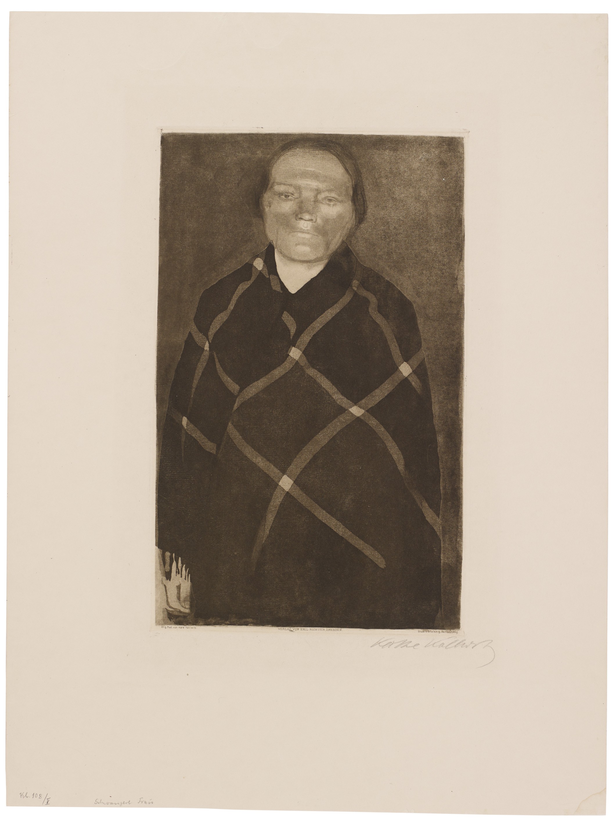 Käthe Kollwitz, Schwangere Frau, 1910, Strichätzung, Aquatinta, Kaltnadel sowie Vernis mou mit Durchdruck von Bütten und Zieglerschem Umdruckpapier, 377 x 235 mm, Kn 111 V, Kollwitz Museum Köln, Inv. Nr. 70300/84022.