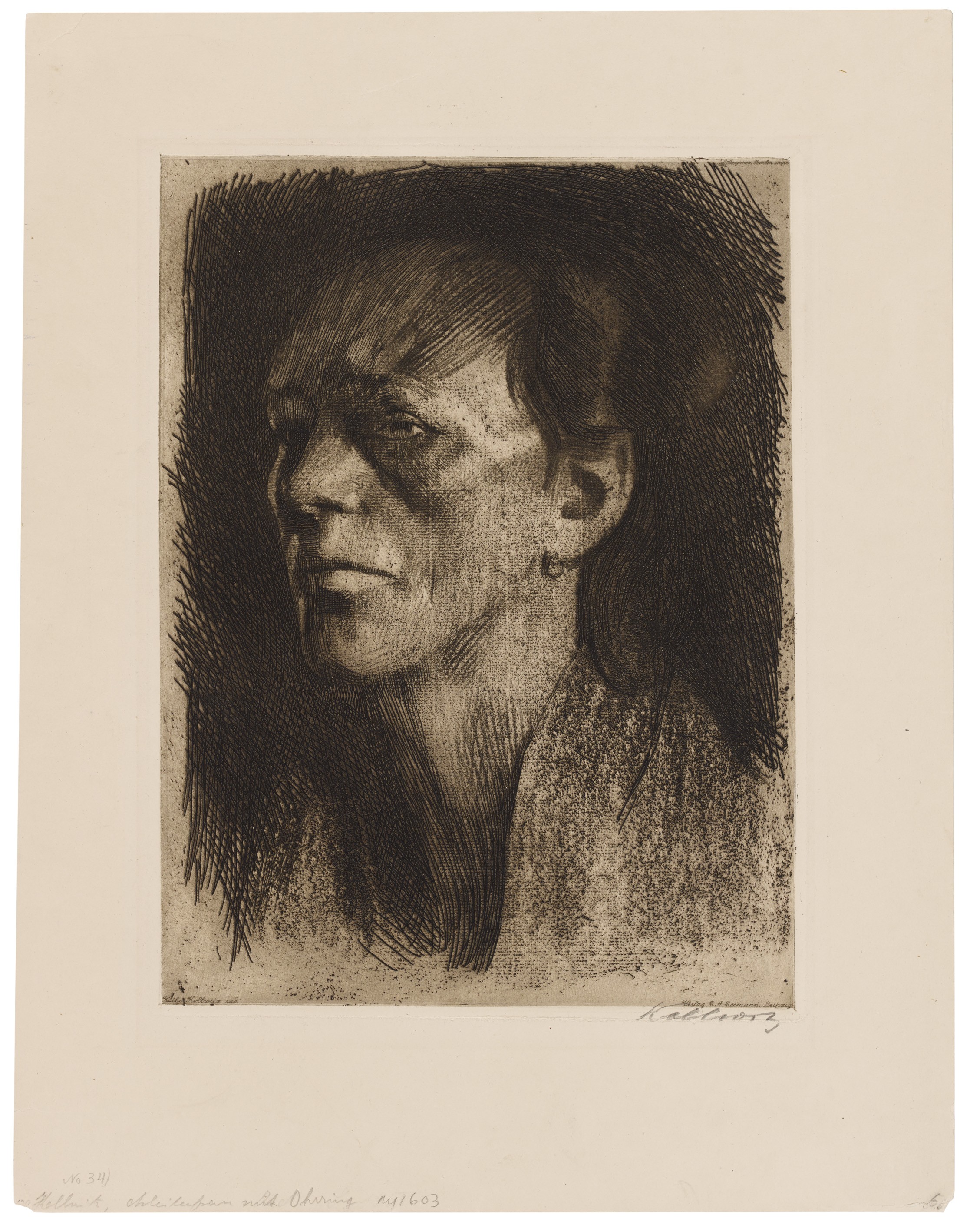 Käthe Kollwitz, Arbeiterfrau (mit dem Ohrring), 1910, Strichätzung, Schmirgel und Vernis mou mit Durchdruck von geripptem Bütten und Zieglerschem Umdruckpapier, 330 x 248 mm, Kn 112 V, Kollwitz Museum Köln, Inv. Nr. 70300/98003.
