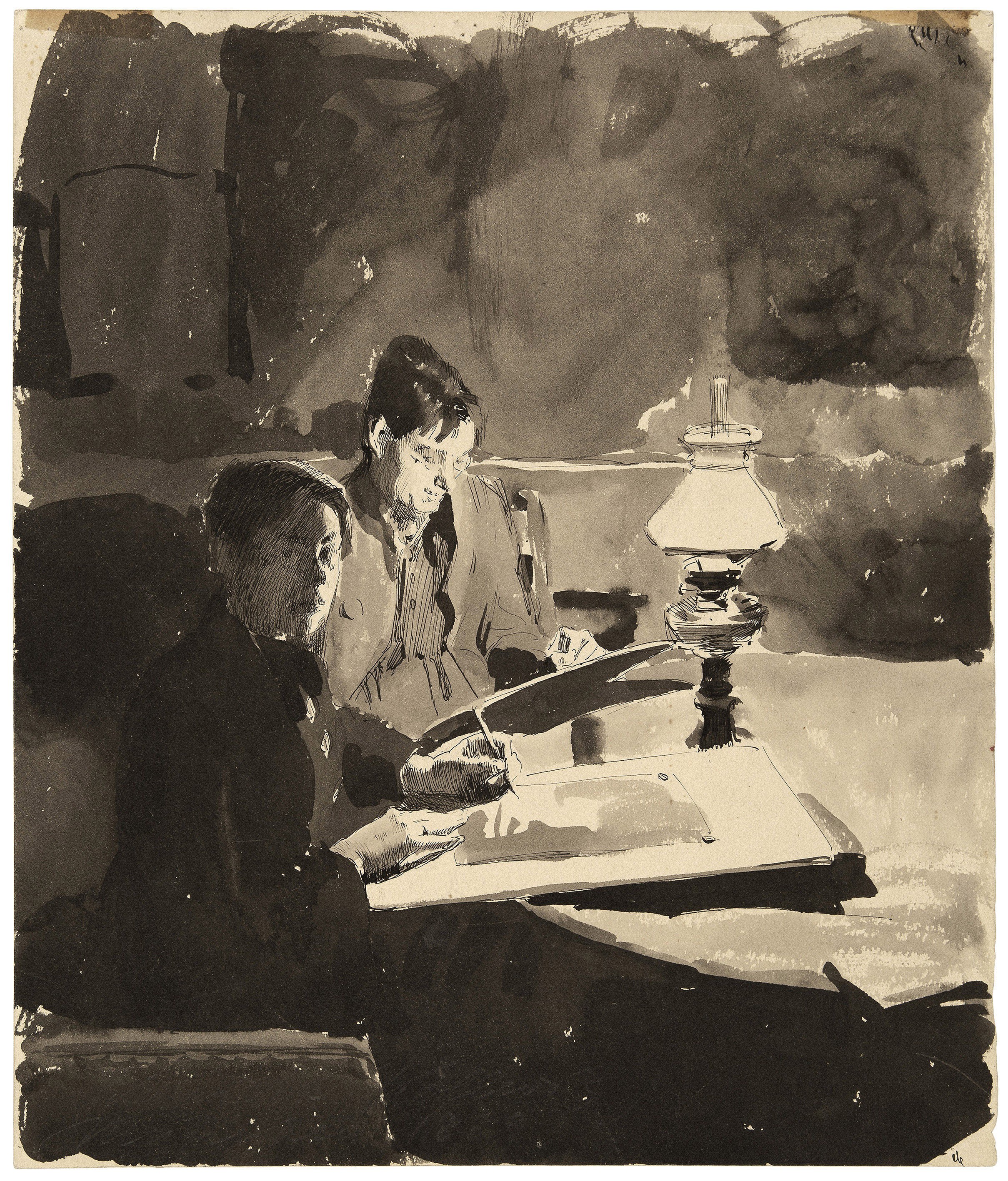 Käthe Schmidt (Kollwitz), Selbstbildnis mit Studienkollegin, 1889, Feder und Pinsel in Tusche auf dickem Velin, 295 x 270 mm, NT 13,  Kollwitz Museum Köln, Inv. Nr. 70200/23004.