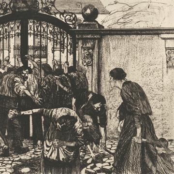 Käthe Kollwitz, Sturm, Blatt 5 aus dem Zyklus »Ein Weberaufstand«, 1893–97, Strichätzung und Schmirgel, 238 x 295 mm, Kn 37 II a, Kollwitz Museum Köln, Inv. Nr. 70300/84003.