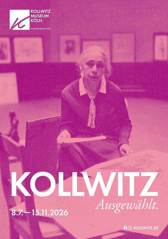 KOLLWITZ. Selected, poster for the exhibition from 8 July to 15 November 2026, image: Käthe Kollwitz at the Prussian Academy of Arts, Berlin 1927, ph. unknown, repro print, Kollwitz estate, Kollwitz Museum Köln, Archive, Inv. No. F 01.e-01 © Kollwitz Museum Köln, Design: Julius Terlinden