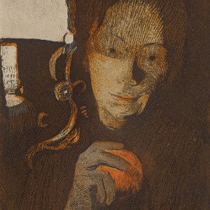 Käthe Kollwitz, Woman with Orange, 1901, combination print from a copperplate (aquatint, reservage and drypoint) and a stone (brush lithograph) in two colours, reworked with charcoal, mounted on grey blotting pape, 131 x 112 mm, Kn 56 II 2, Kollwitz Museum Köln, Inv. No. 70300/97001.