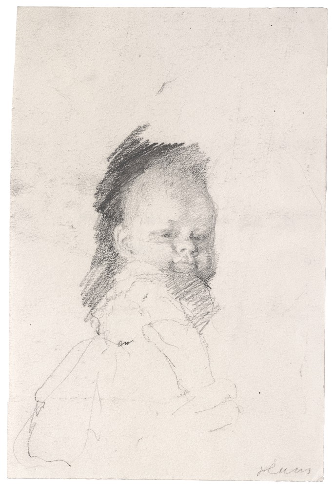 Das Foto zeigt die skizzenhafte Bleistiftzeichnung eines Säuglings von Käthe Kollwitz
